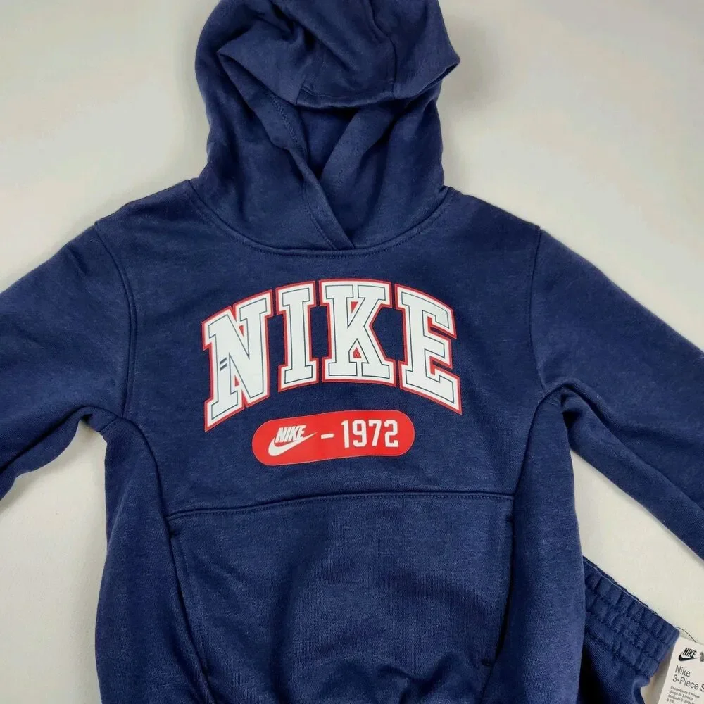 Nike 2-Piece Fleece Tracksuit Set Kid 4/5 Navy Blue Logo Retro NWT Hoodie Pocket